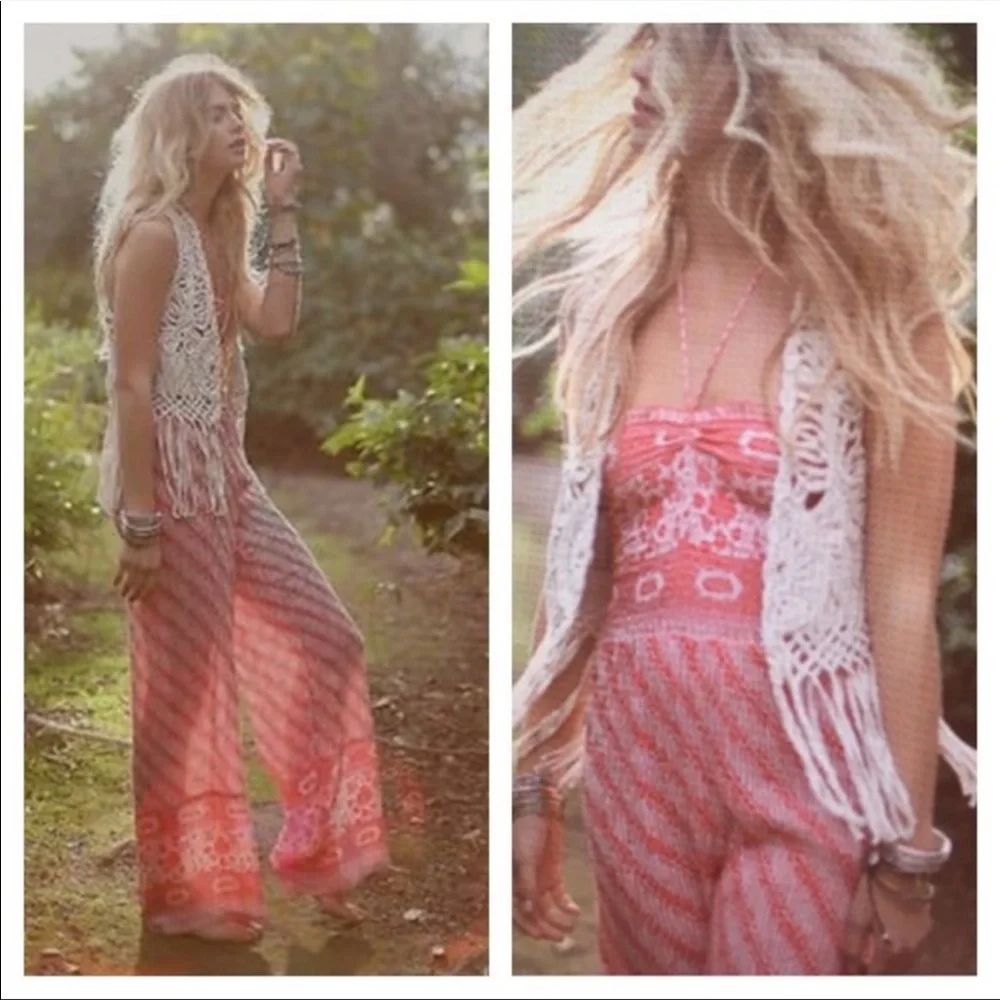 Free People Strapless Red Patterned Jumpsuit